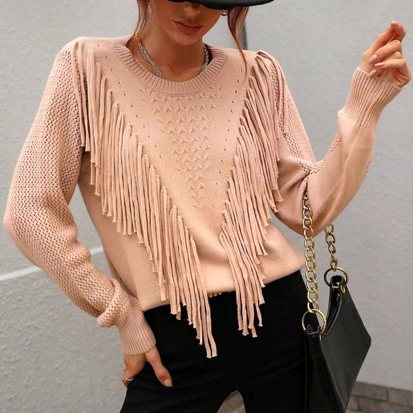Women's Casual Crew Neck Fringe Tassel Sweater - Picture 6 of 6